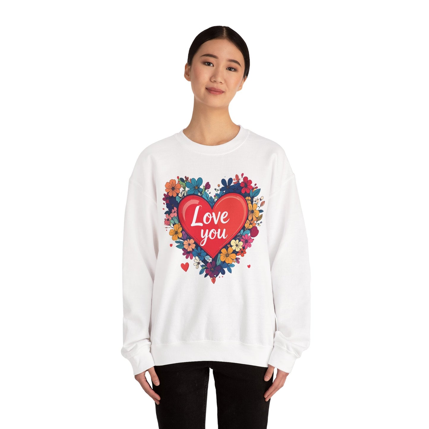Unisex Floral Heart Sweatshirt Valentines Day Gift Cozy Crewneck Fifty Fifty Blend
