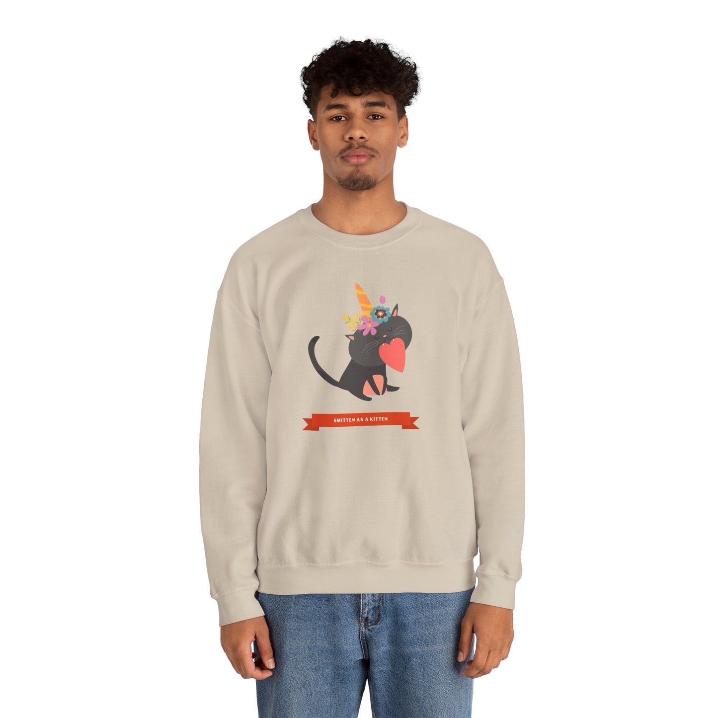 Cat Heart Sweatshirt Unisex Valentine Gift 50/50 Cotton-Poly Crewneck Gildan 18000
