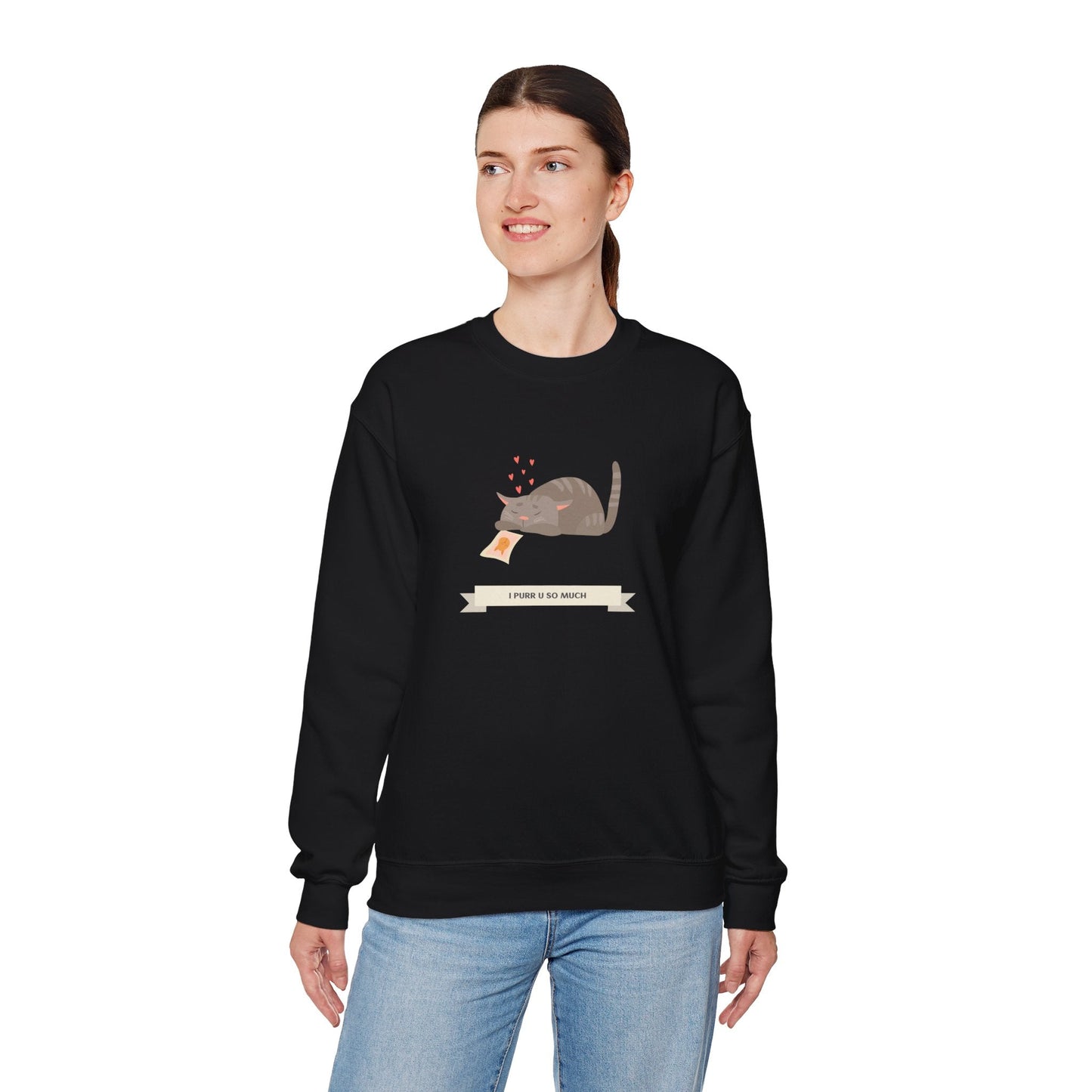 Cat Heart Sweatshirt Unisex 50/50 Cotton Poly Valentine Day Crewneck Gildan 18000