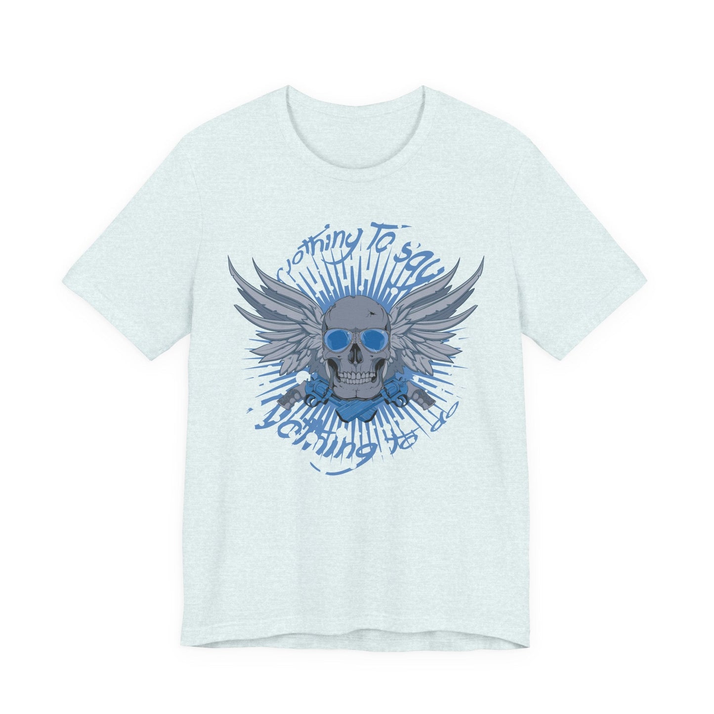 Winged Skull Graphic Tee | Blue Skull with Wings, Radiant Burst