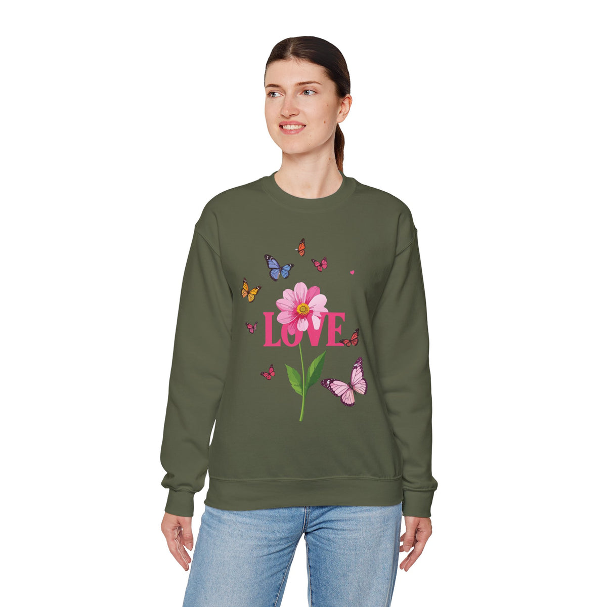 Unisex Floral Love Sweatshirt, Love Floral Sweatshirt, Floral Butterfly Sweatshirt, 50/50 Cotton-Poly Valentine's Day Sweatshirt 01
