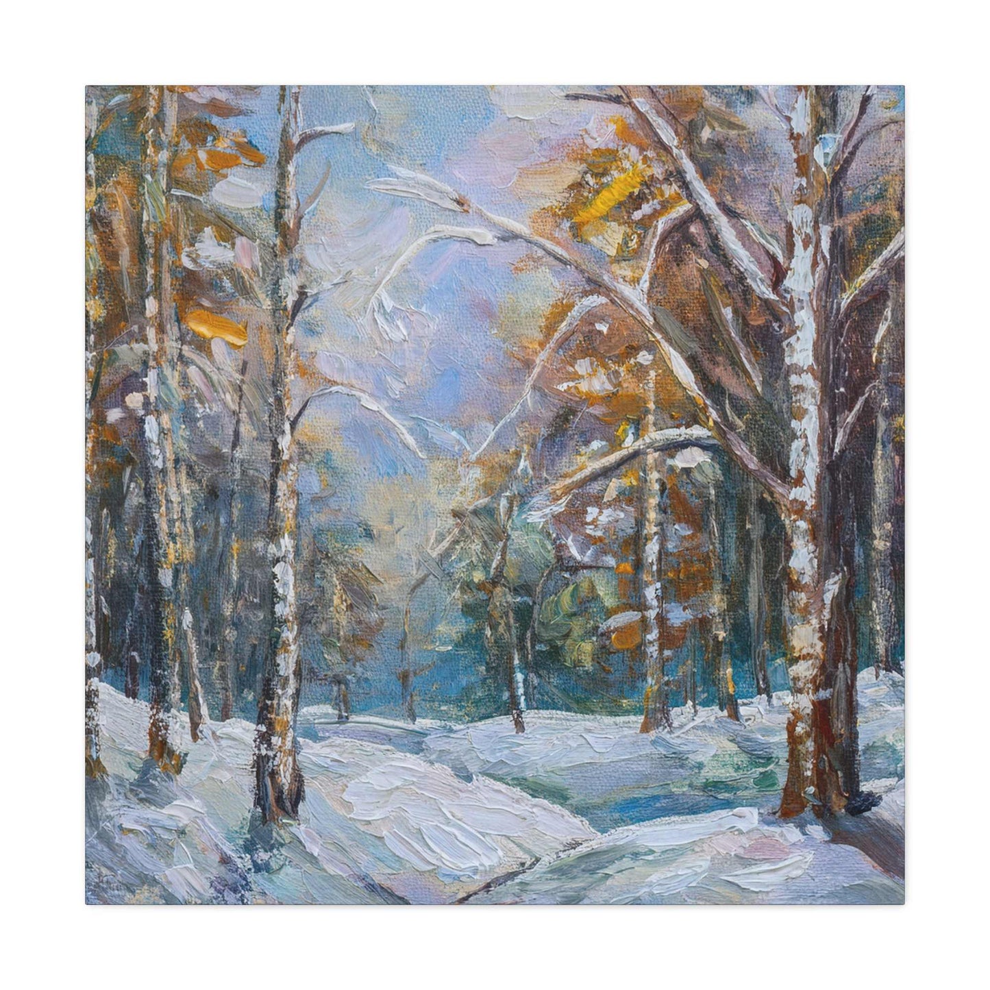 Snow Forest Print Canvas, Oil Paint Print 20x20, 24x24, 30x30, 32x32, 36x36 Art Design Print Pine-Wood Inner Frame MC-80