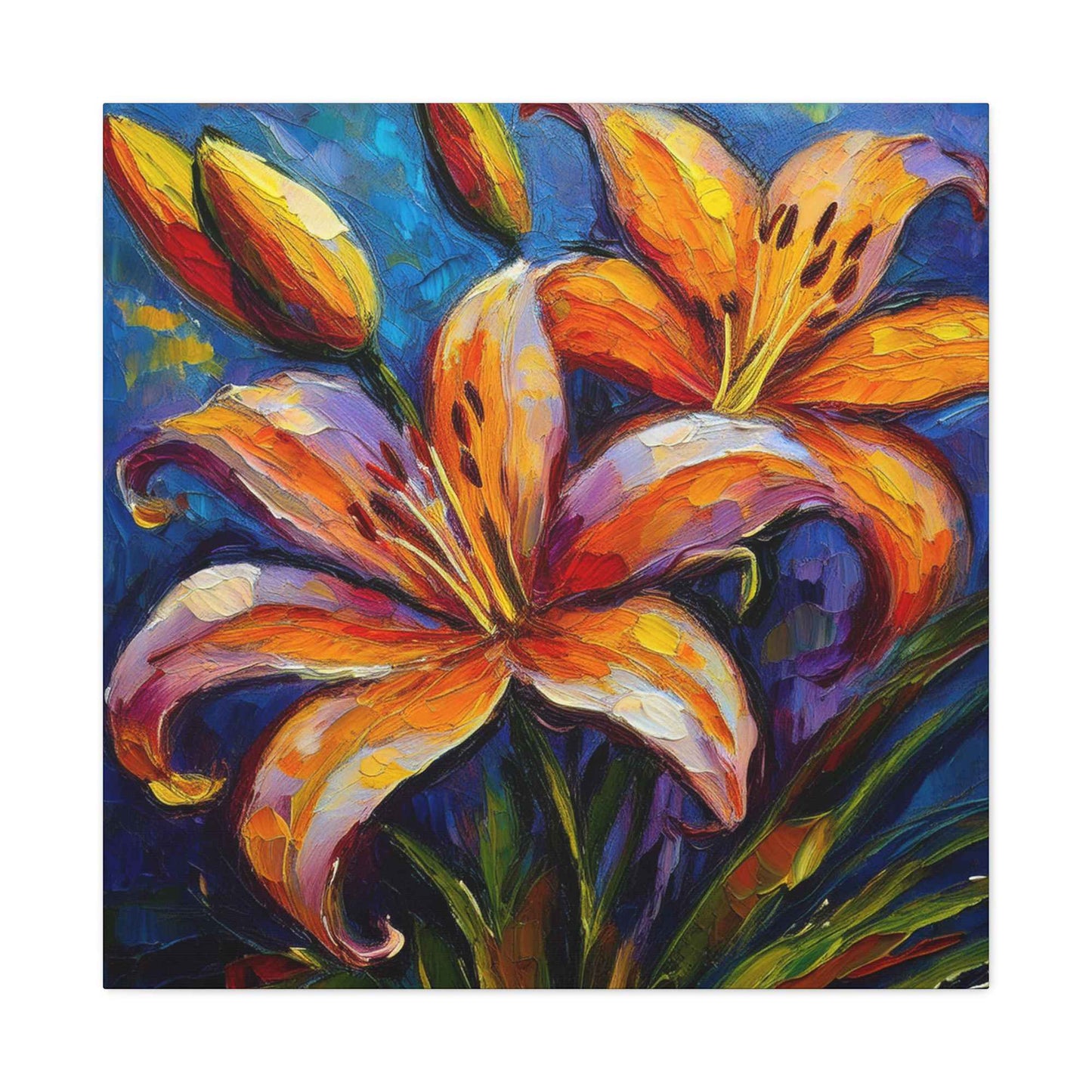 Gold Lilies Print Canvas, Floral Oil Paint Print 20x20, 24x24, 30x30, 32x32, 36x36 Art Design Pine-Wood Inner Frame MC-151
