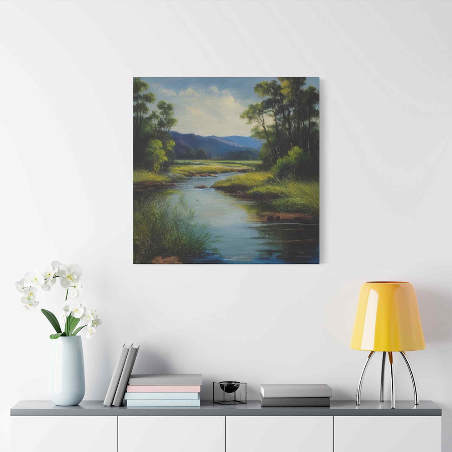 River Print Canvas, Landscape Oil Paint Print 20x20, 24x24, 30x30, 32x32, 36x36 Art Design Print Pine-Wood Inner Frame MC-54