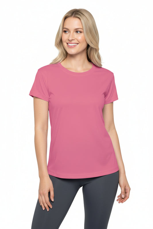 Petal Rouge Pink Women's Sports Jersey Short Sleeves 100% Poly Solid Rose Pink Color Print Athletic Tee