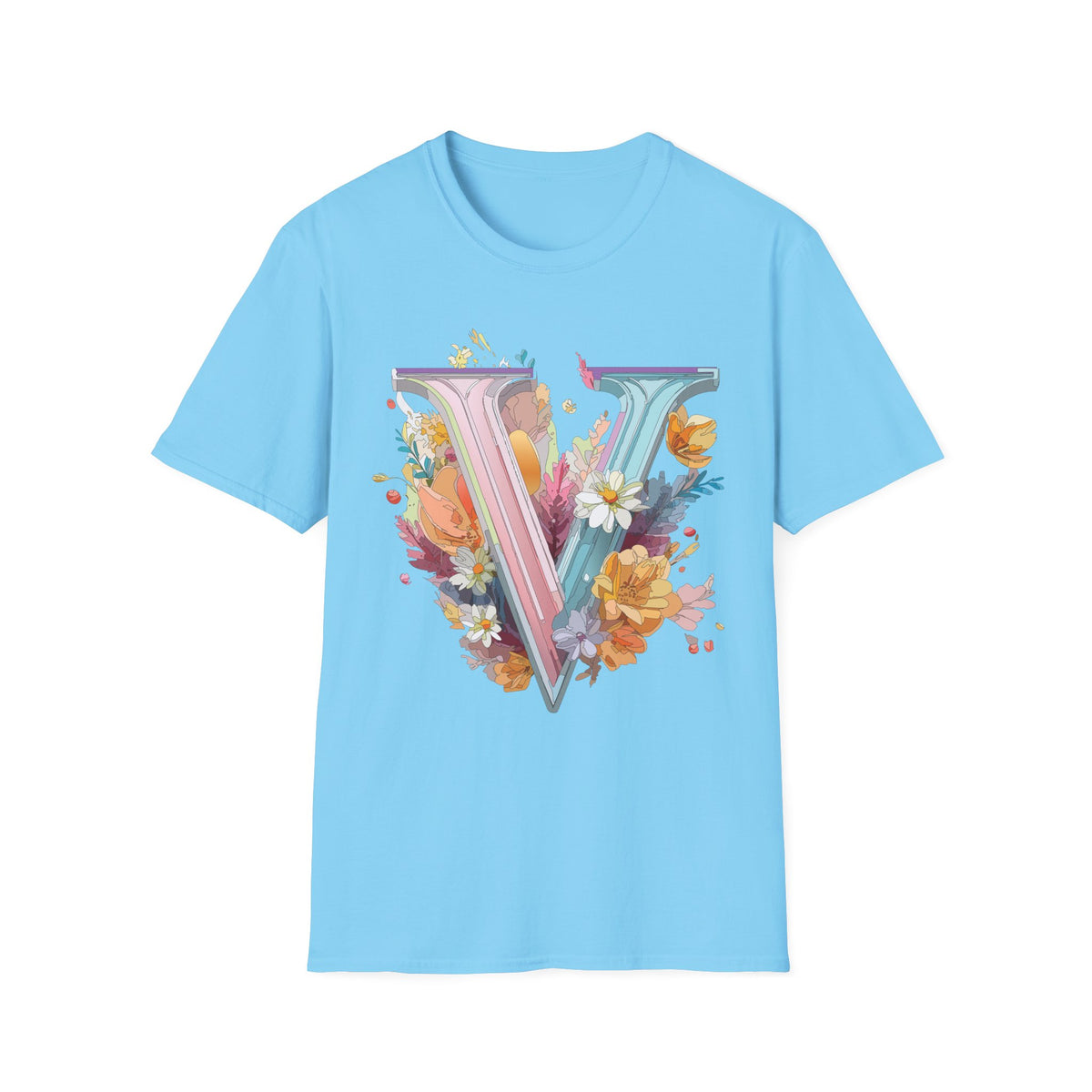 Floral Letter V T-Shirt | Pastel Botanical Initial Tee
