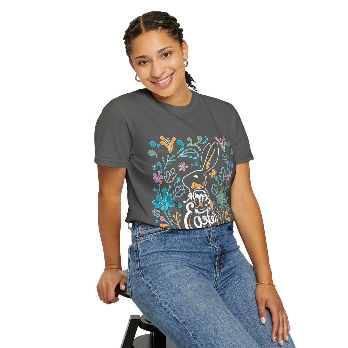 Easter Bunny Floral T-Shirt, Tee Shirt with Easter Signature, T Shirt with Easter Prints, Tee Shirt with Easter Design
