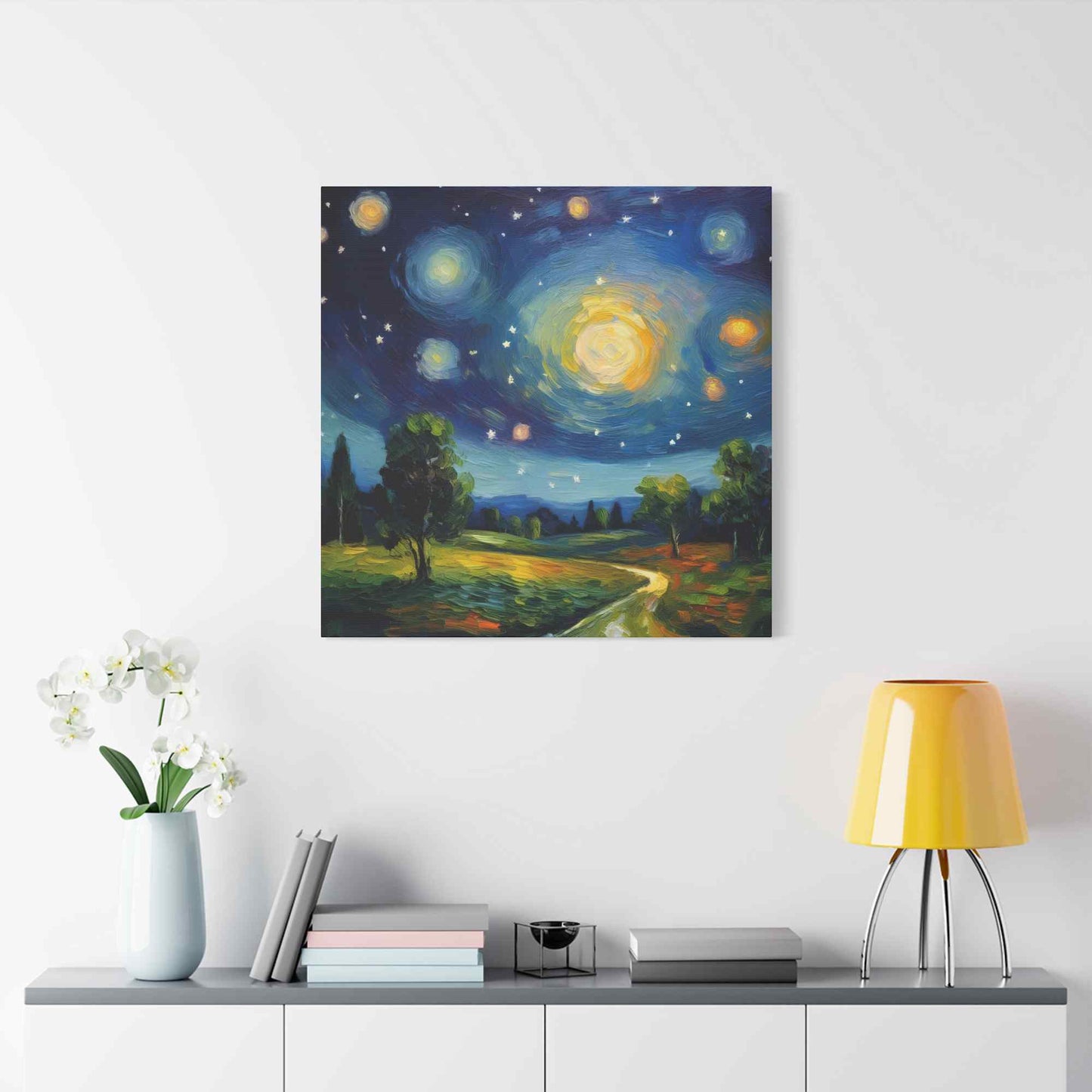 Starry Night Print Canvas, Oil Paint Print 20x20, 24x24, 30x30, 32x32, 36x36 Art Design Print Pine-Wood Inner Frame MC-40