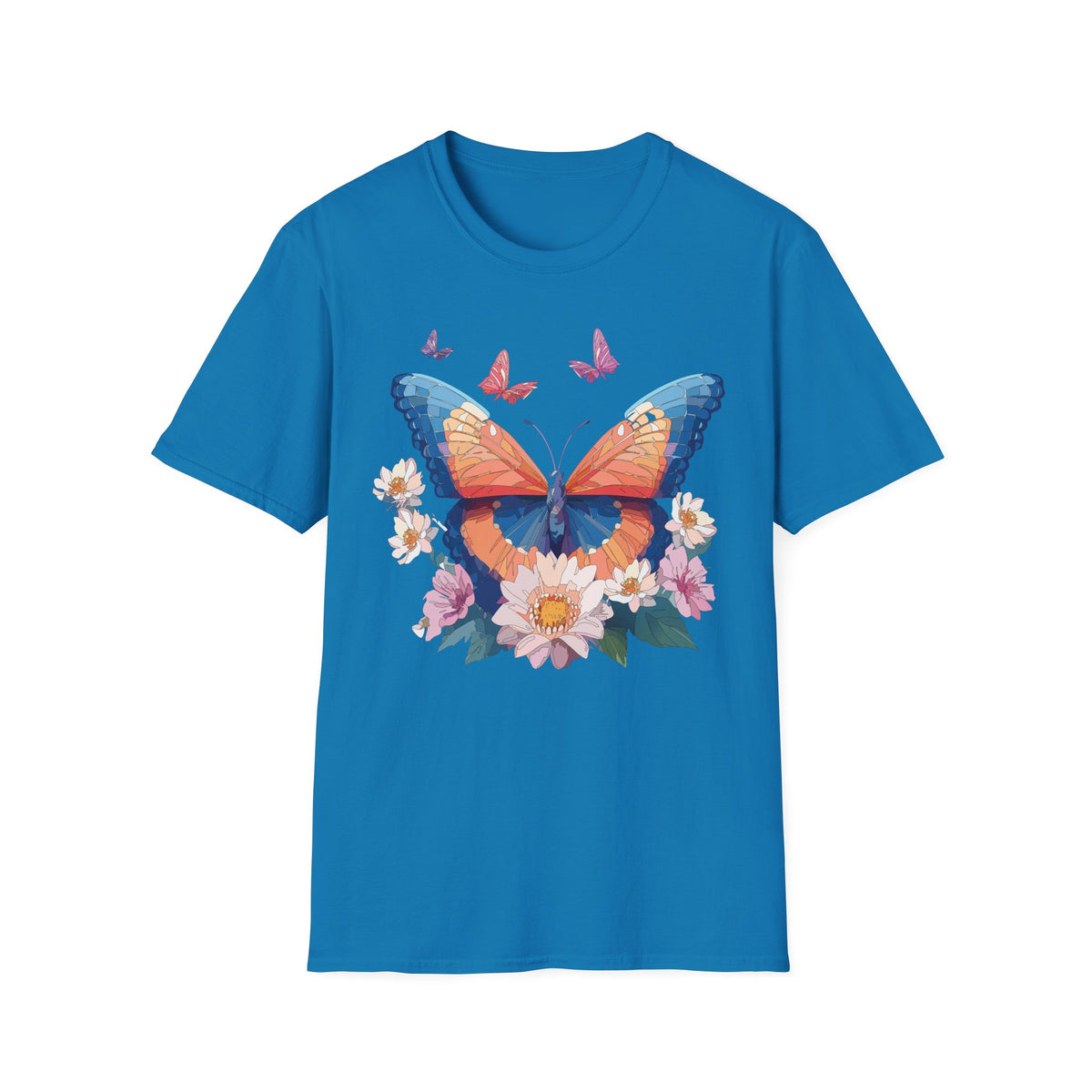 Butterfly Floral T-Shirt – Vibrant Orange & Blue Butterfly with Flowers Graphic Tee Unisex 100 Cotton Gildan T-Shirt