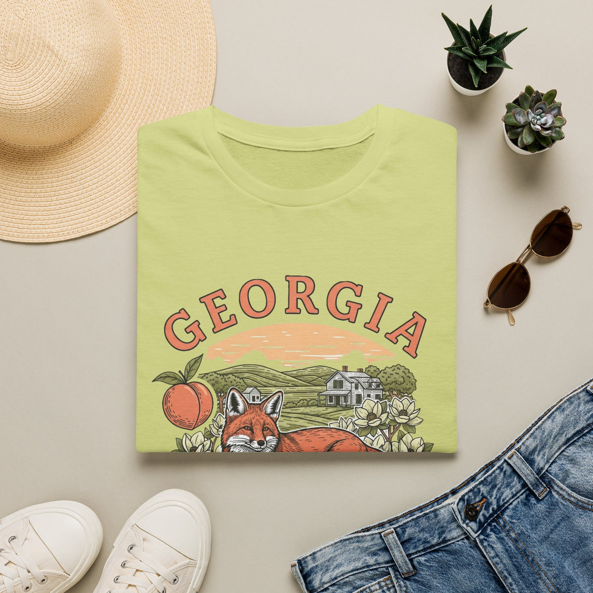 Georgia Fox T-Shirt — The Peach State Vintage Fox Graphic Travel Tourist Graphic Design Unisex 100 Cotton Gildan T-Shirt