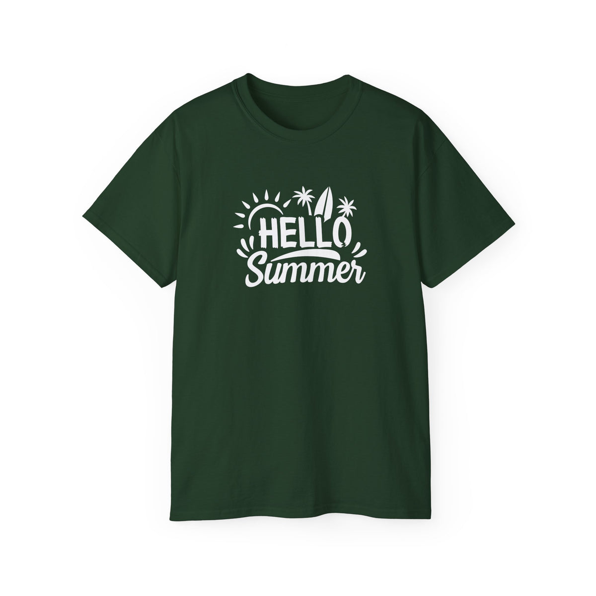 Hello Summer surfboard palm trees T-Shirt | Summer beach graphic tee