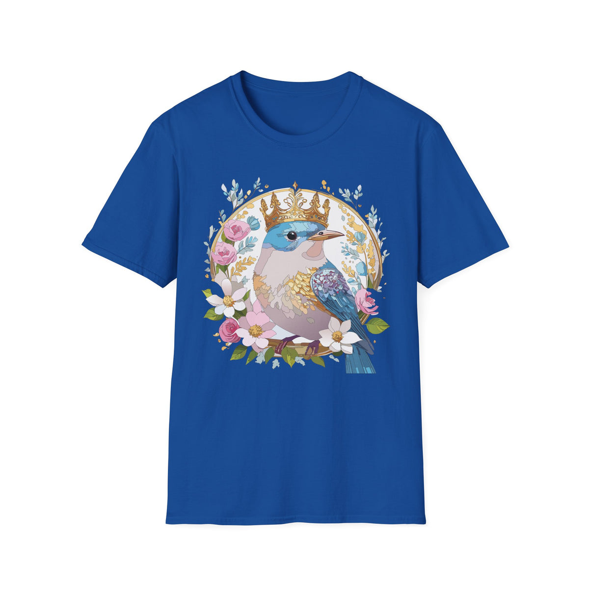 Crowned Bluebird with Floral Wreath T-Shirt | Royal Bird Illustration