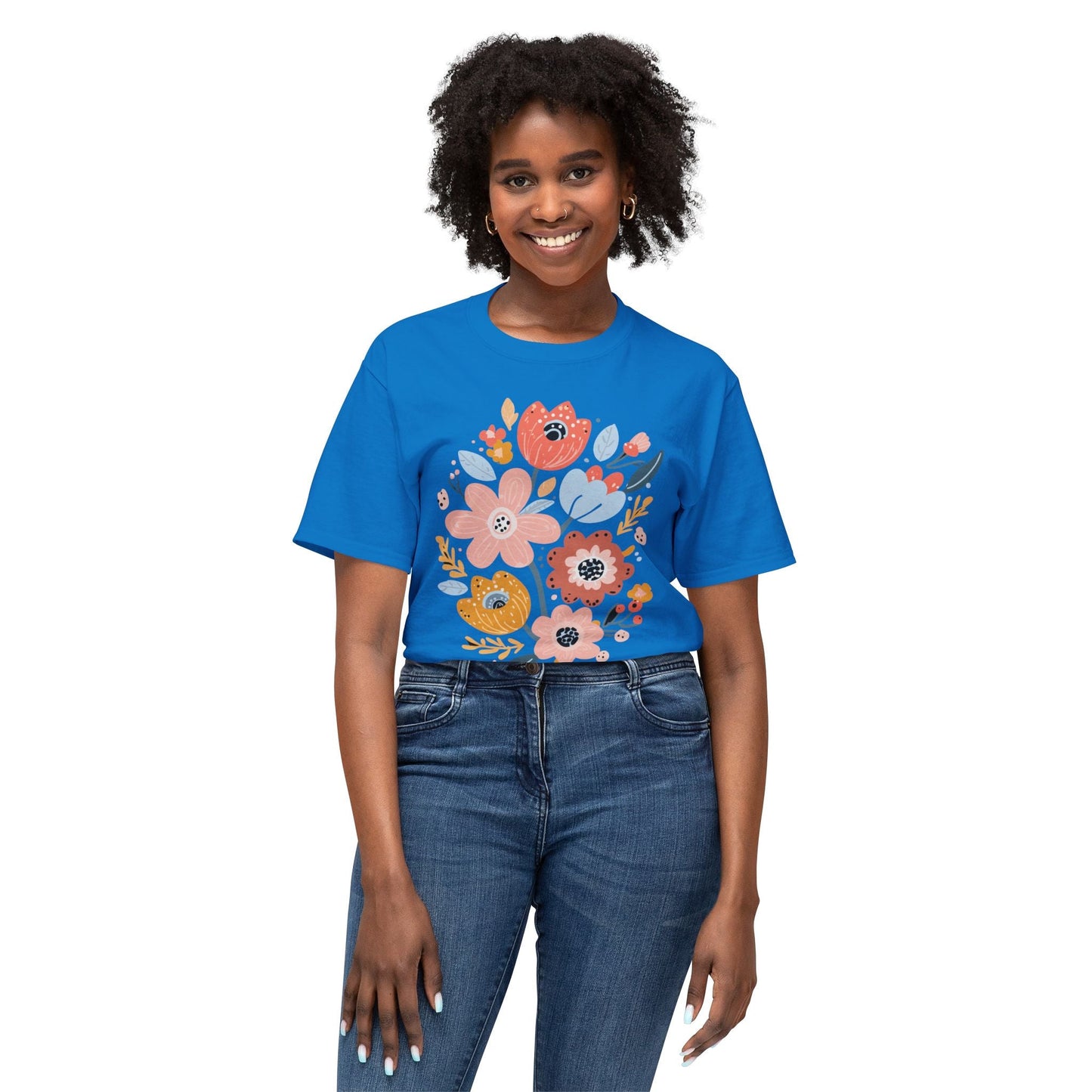 Unisex Floral Art T Shirt with Vintage Flowers Print One Hundred Percent Cotton Tee Printed In USA