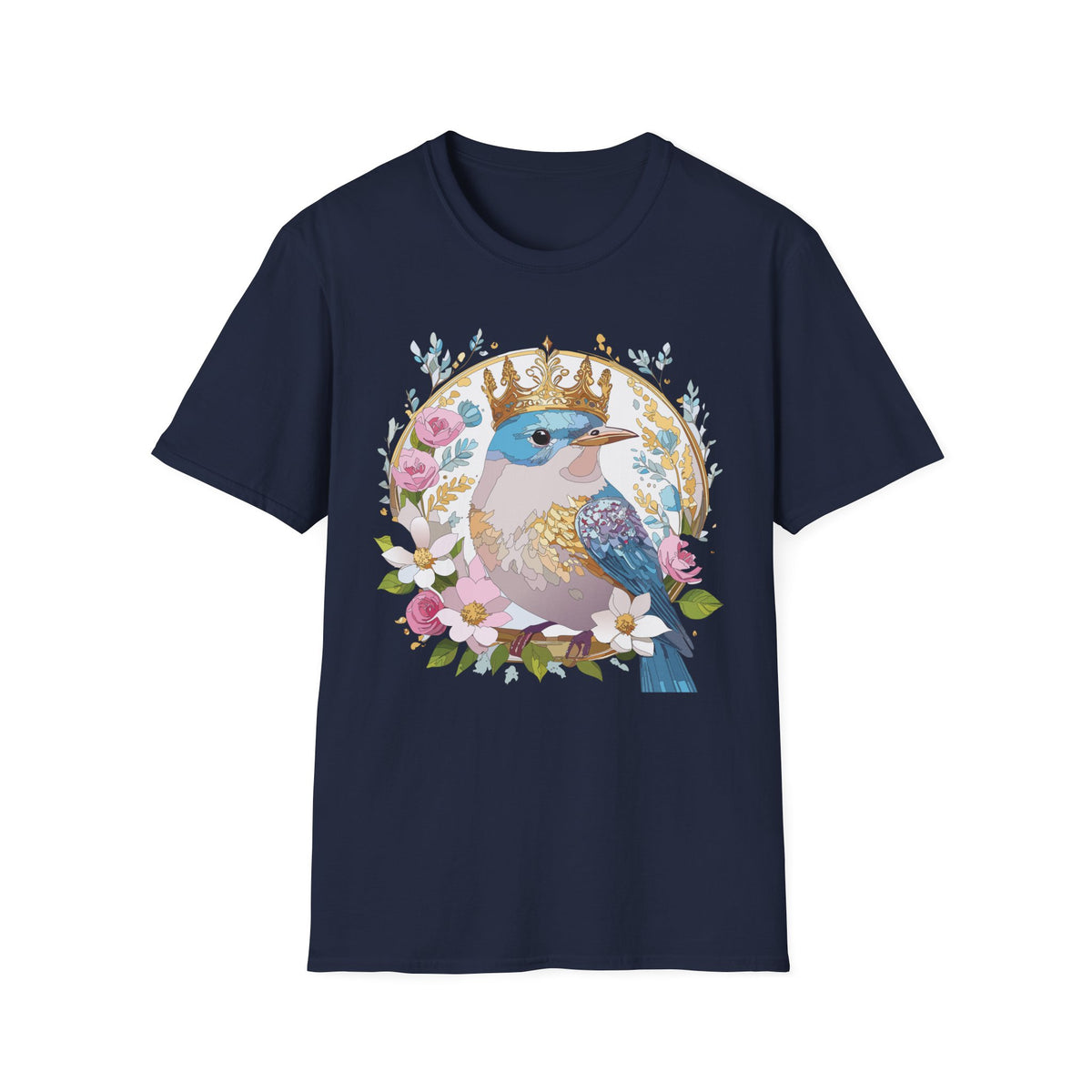 Crowned Bluebird with Floral Wreath T-Shirt | Royal Bird Illustration