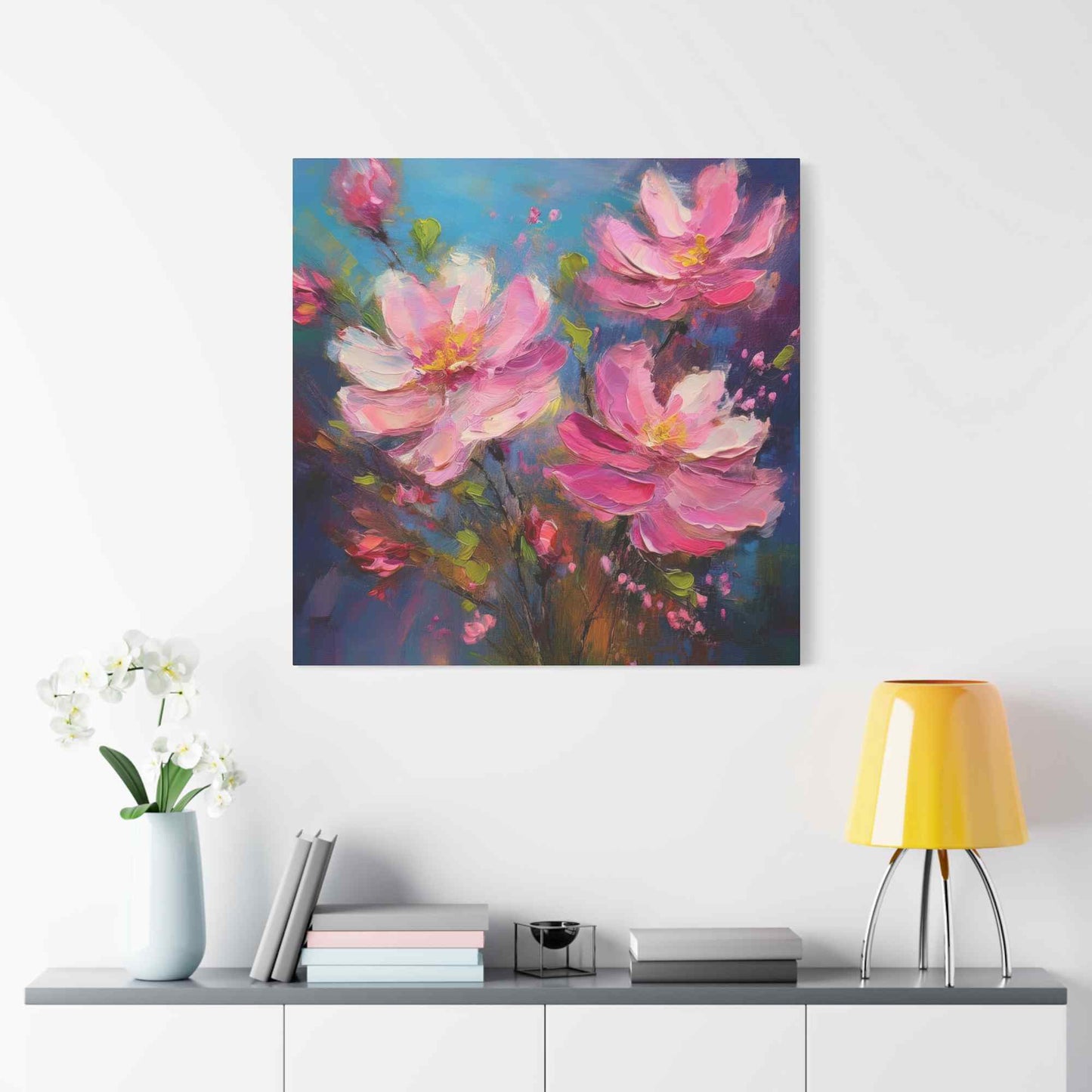 Pink Flowers Print Canvas, Pink Flowers Oil Paint Print 20x20, 24x24, 30x30, 32x32, 36x36, Art Design Print Non-Frame MC-10
