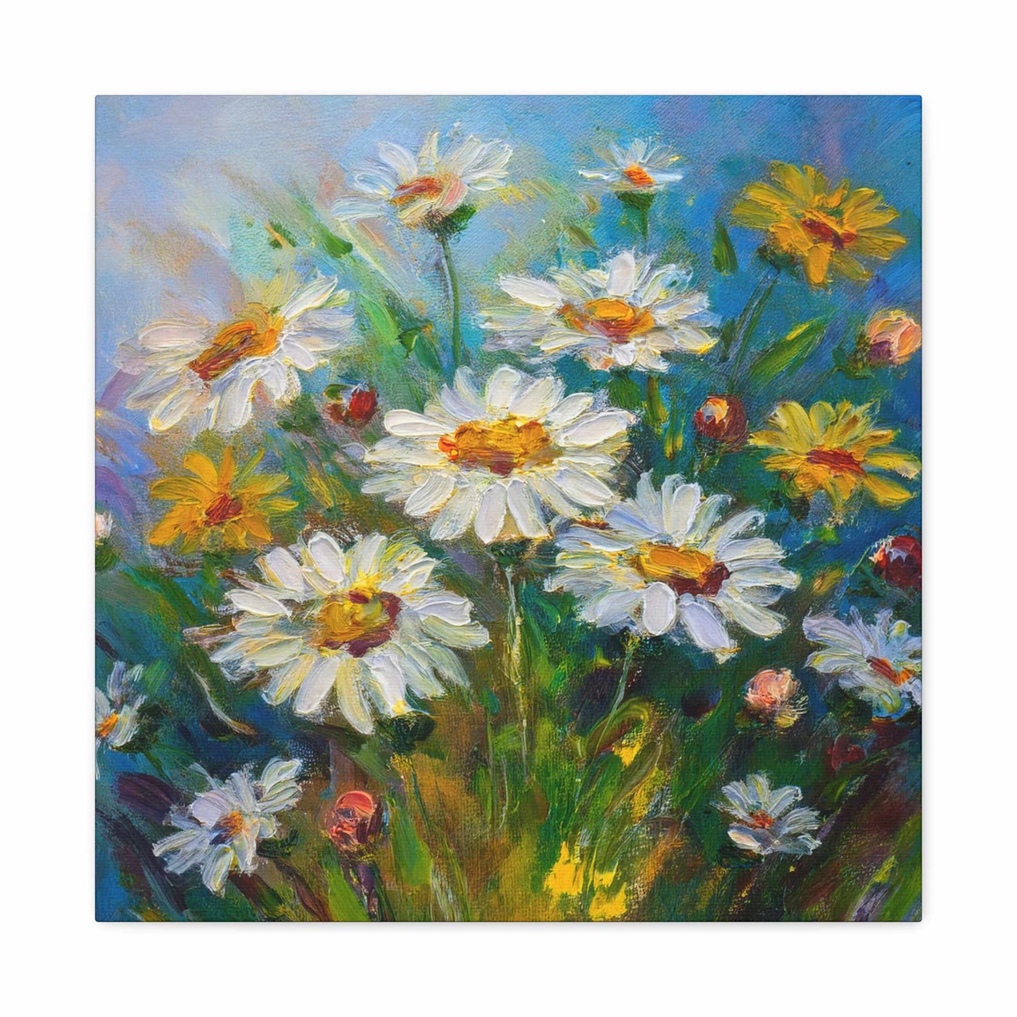 White Daisies Print Canvas, Floral Oil Paint Print 20x20, 24x24, 30x30, 32x32, 36x36 Art Design Pine-Wood Inner Frame MC-128