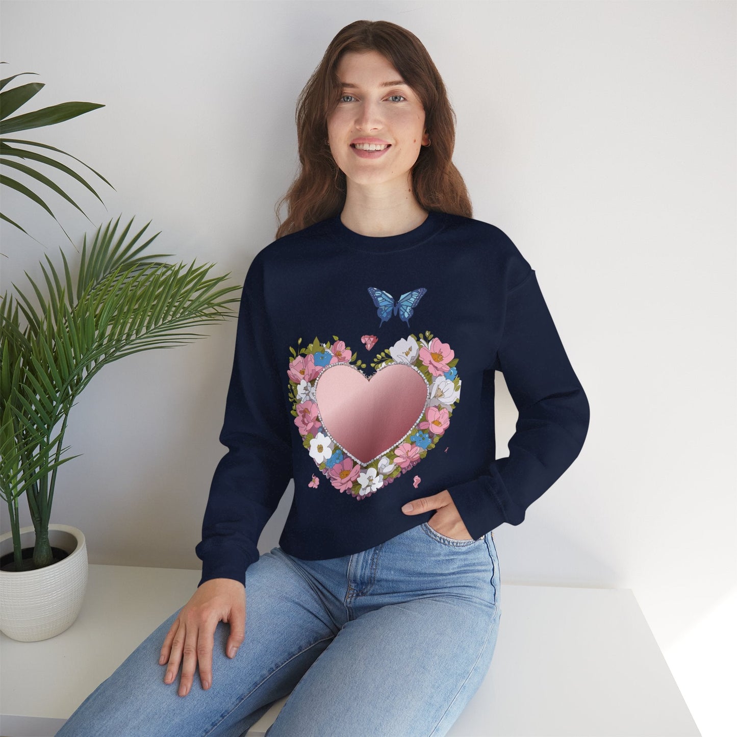 Unisex Floral Heart Sweatshirt Valentines Day Love Crewneck Gildan 18000 50/50 Cotton Polyester