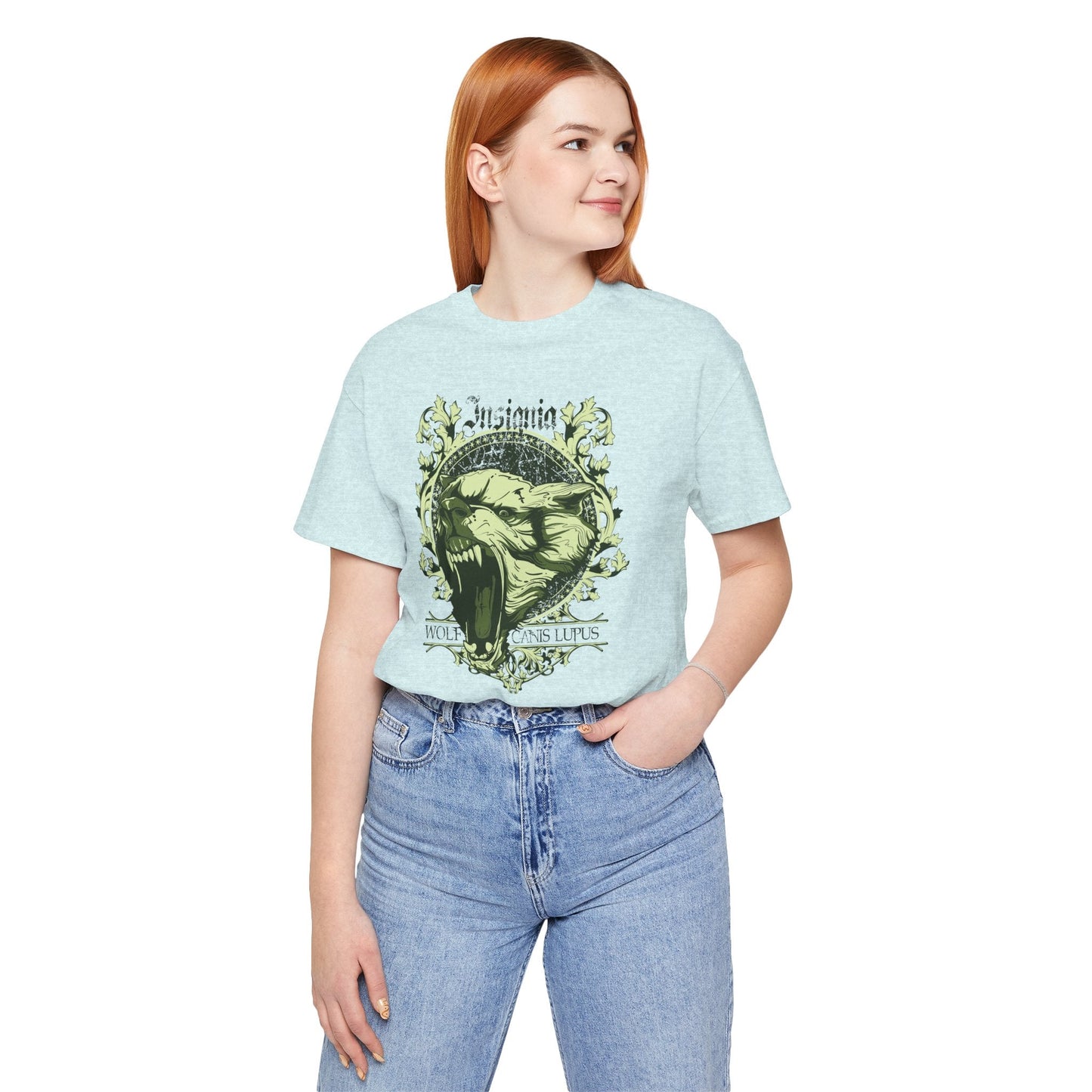 Howling Wolf Skull Tee Gothic Vintage Crest, Green Graphic Shirt Art-54