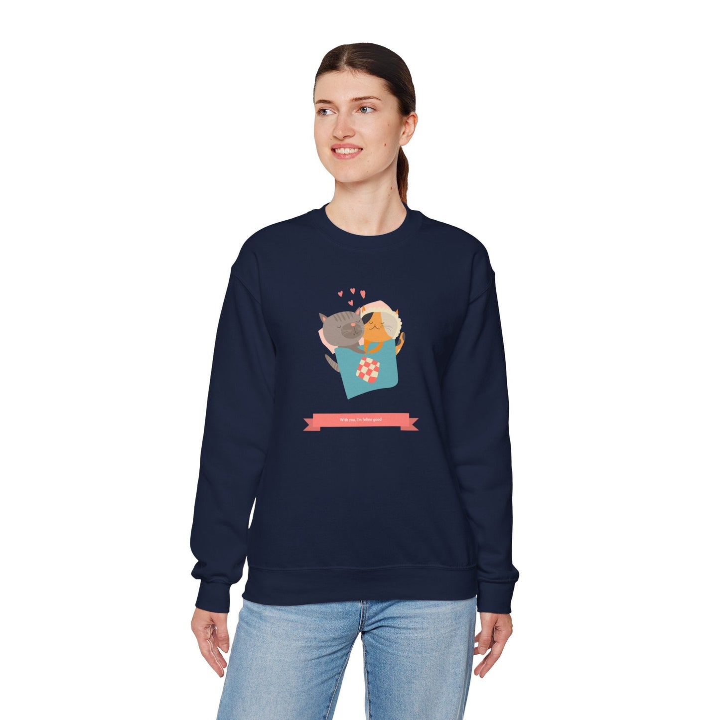 Cat Heart Sweatshirt Unisex Valentines Day 50 50 Cotton Poly Crewneck Gildan 18000