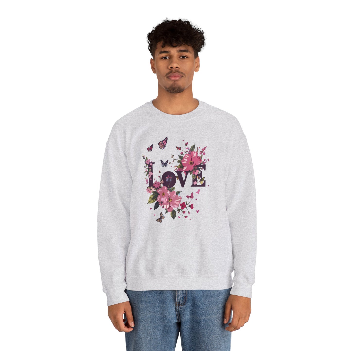 Unisex Floral Love Sweatshirt, Love Floral Sweatshirt, Floral Butterfly Sweatshirt, 50/50 Cotton-Poly Valentine's Day Sweatshirt 05