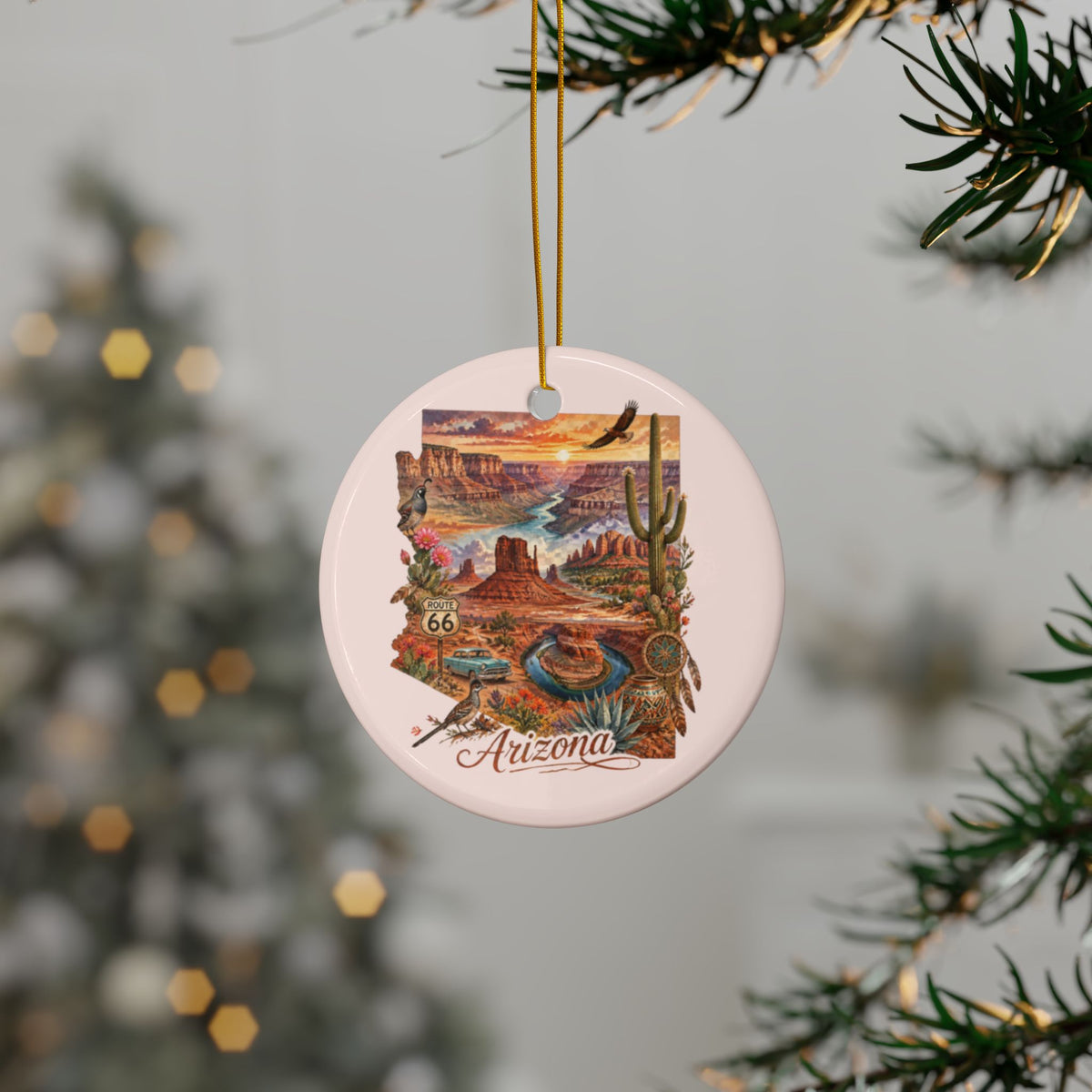 Arizona Desert Scene Ceramic Ornament -2.99" Includes Gold String | Route 66 Southwestern Landscape