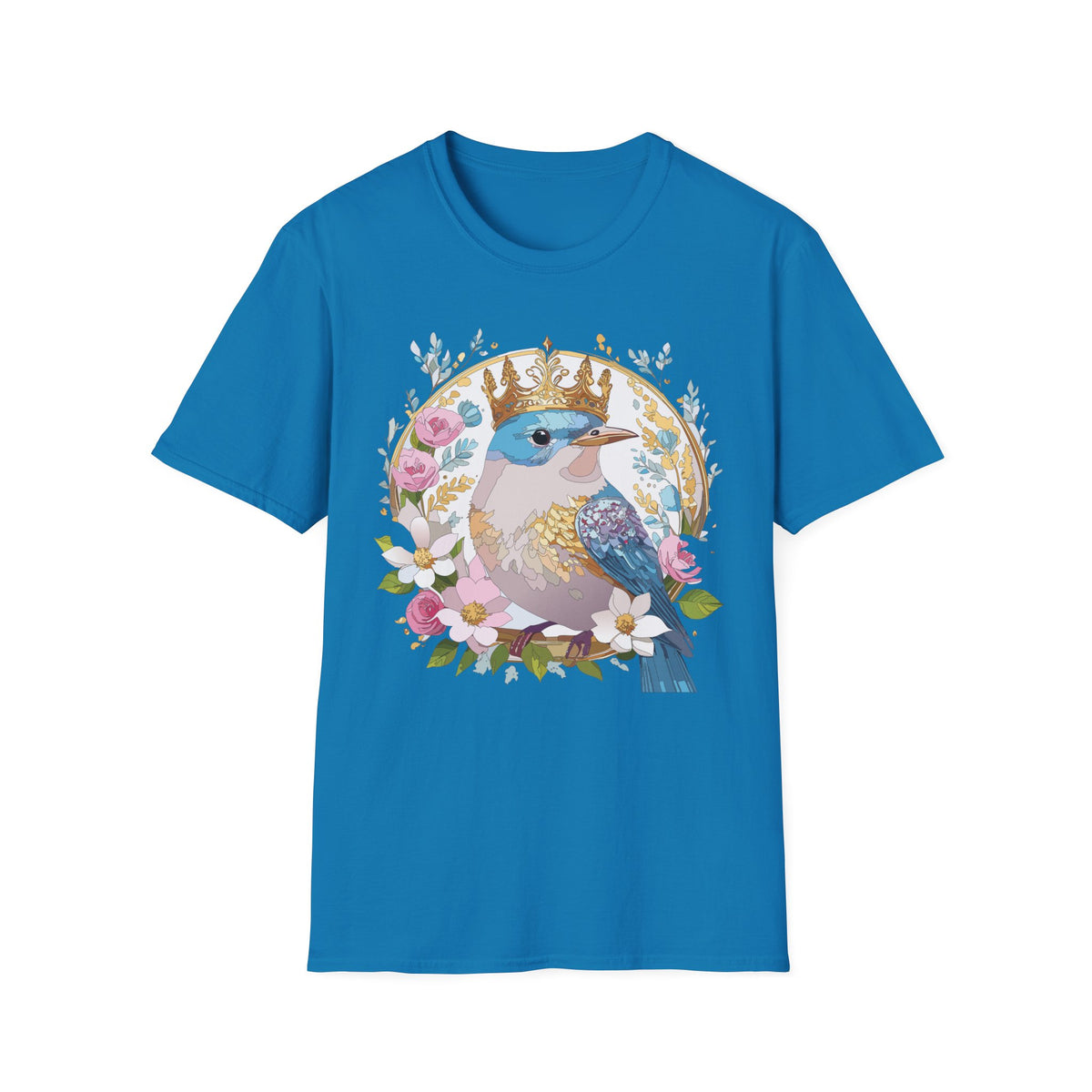 Crowned Bluebird with Floral Wreath T-Shirt | Royal Bird Illustration
