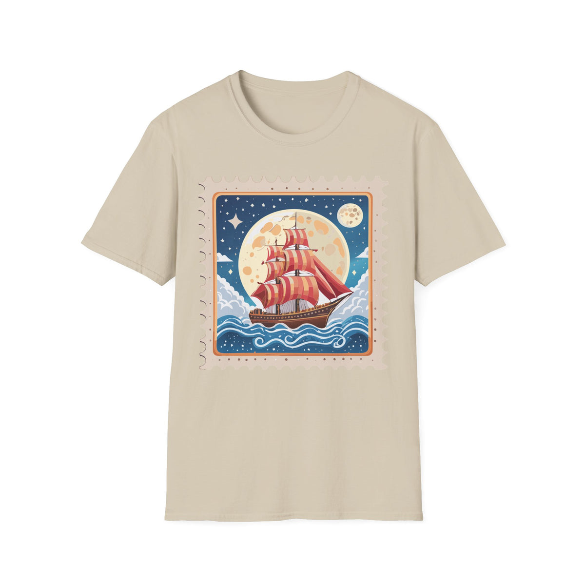 Red Sail Ship Moon Stamp T-Shirt | Nautical Vintage Illustration
