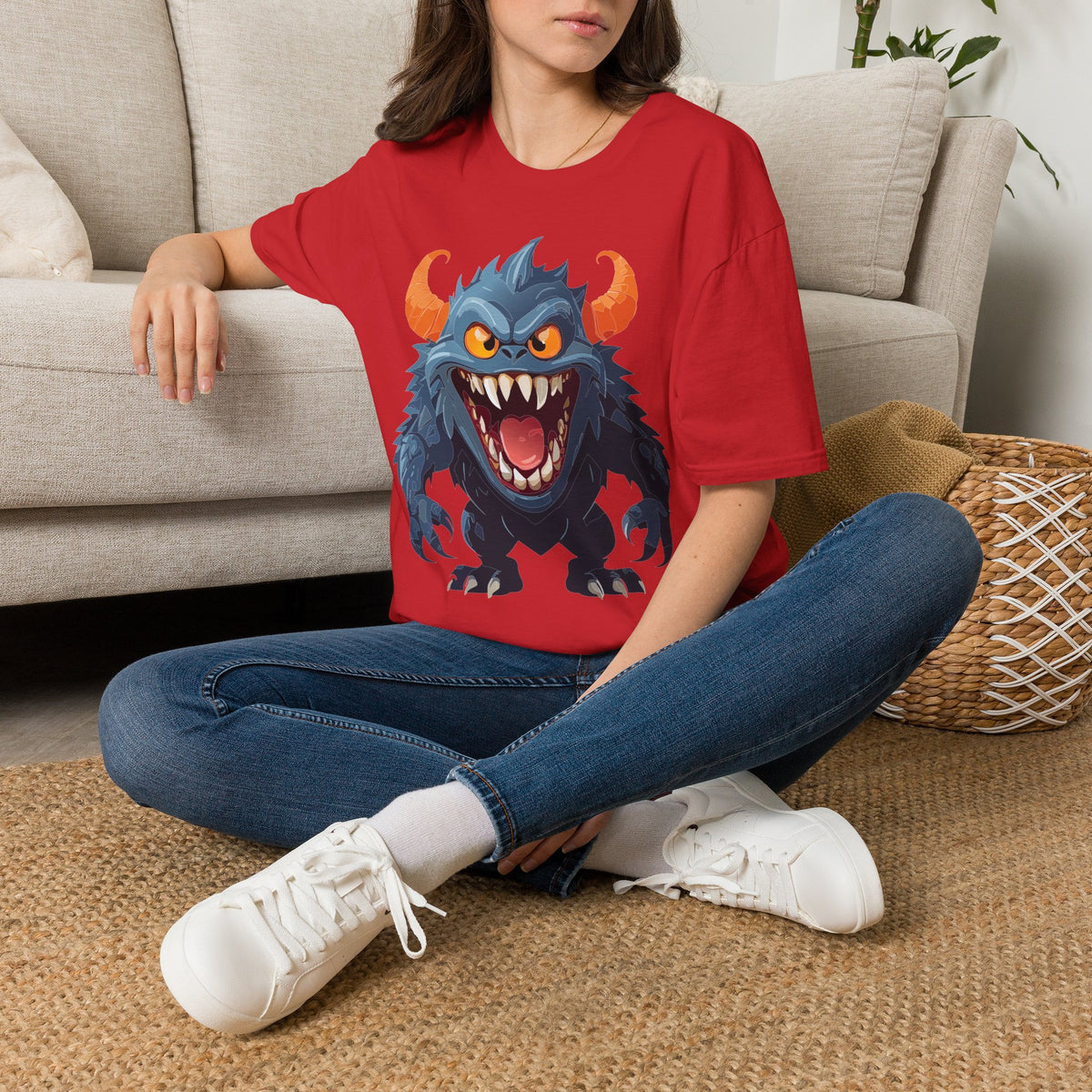 Monster Graphic T-Shirt — Fierce Blue Horned Creature Cartoon Graphic Tee Unisex 100 Cotton Gildan T-Shirt