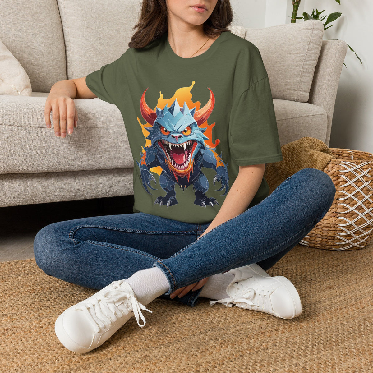 Monster Dragon T-Shirt — Fierce Fire-Breathing Creature Cartoon Graphic Tee Unisex 100 Cotton Gildan T-Shirt