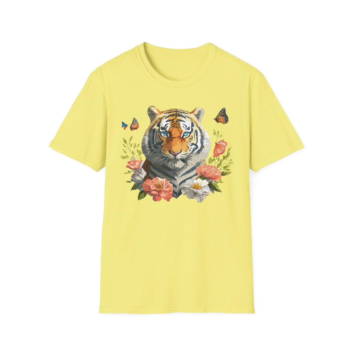 Floral Tiger Portrait T-Shirt | Watercolor Big Cat with Butterflies