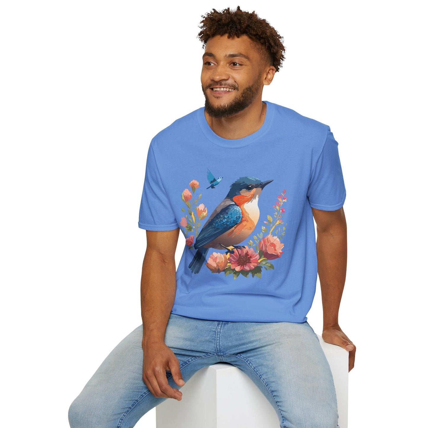 Unisex Floral Bird T Shirt Softstyle 64000 Gildan Ring Spun Cotton Tee Relaxed Fit