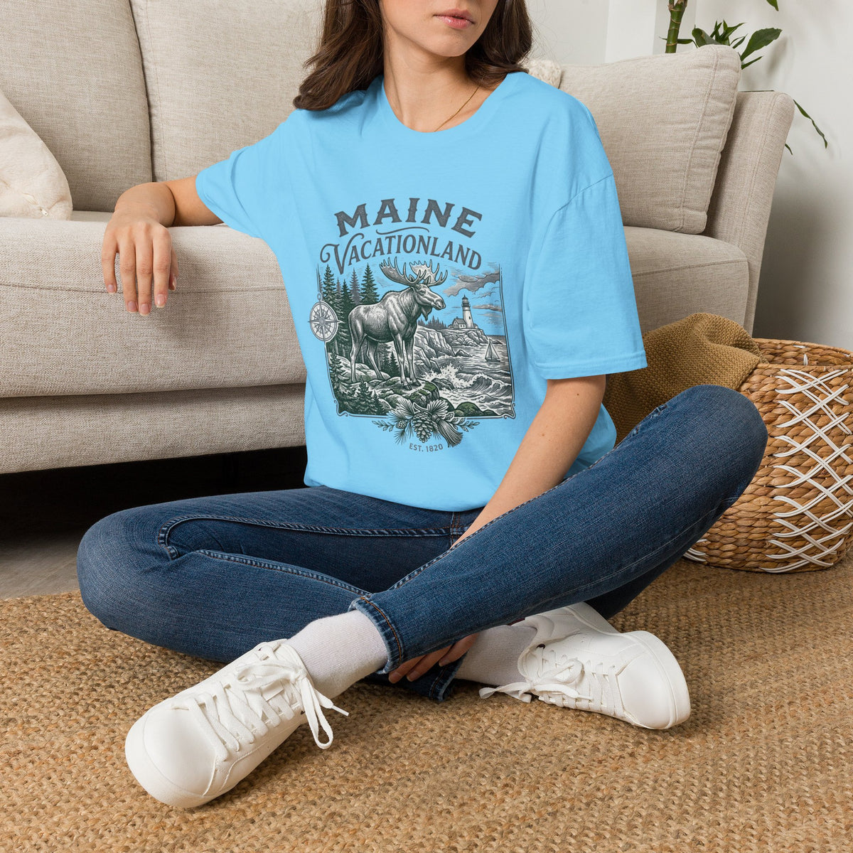 Maine Vacationland T-Shirt – Vintage Moose, Lighthouse State Travel Travel Tourist Graphic Design Unisex 100 Cotton Gildan T-Shirt