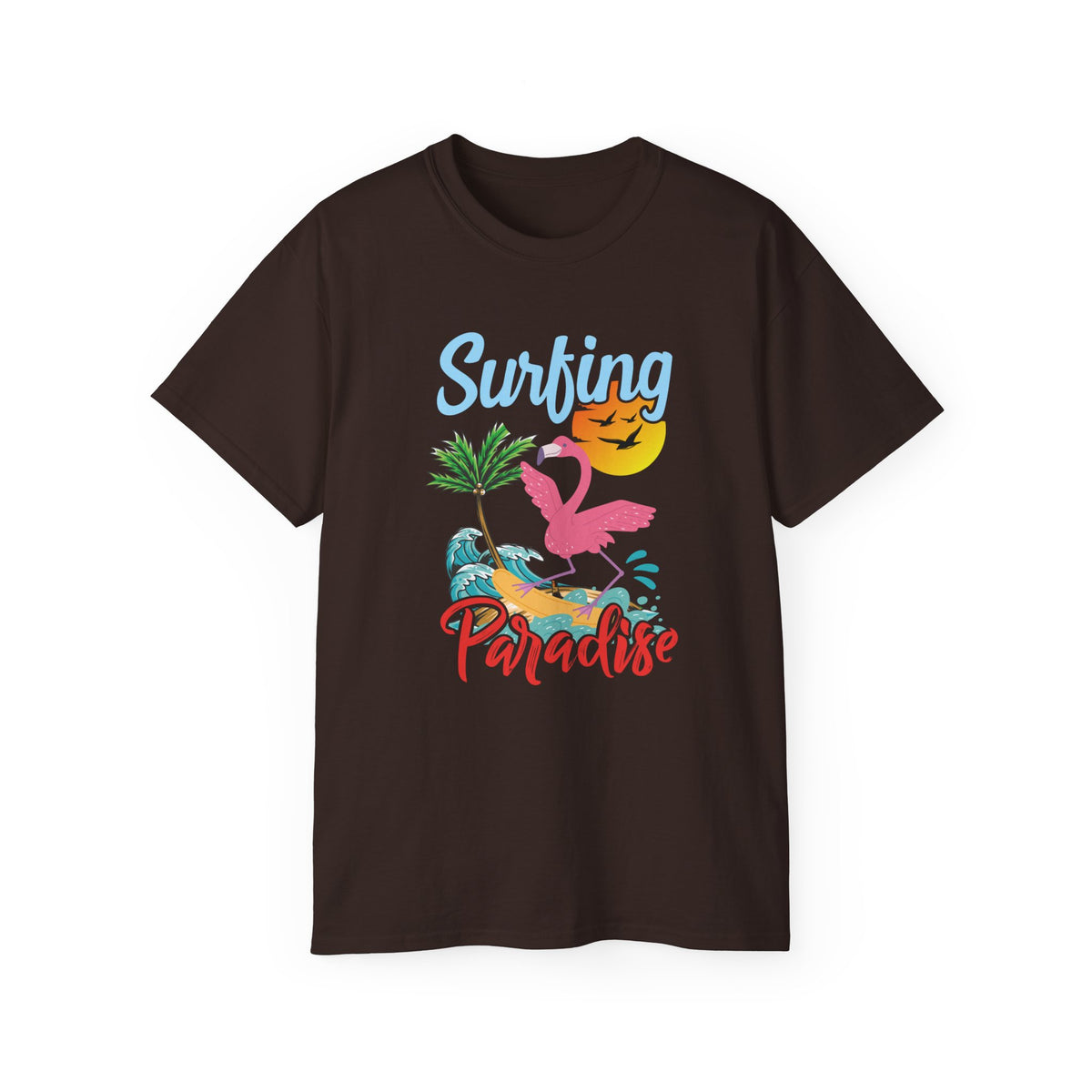 Surfing Paradise Flamingo Tee | Tropical Palm Sunset Surfboard