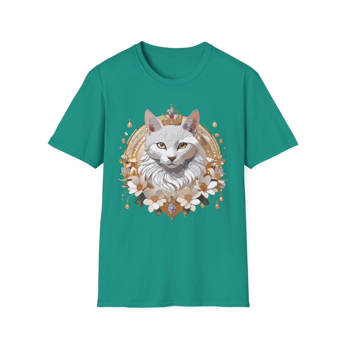 Regal White Cat Illustration T-Shirt | Crowned Feline Art