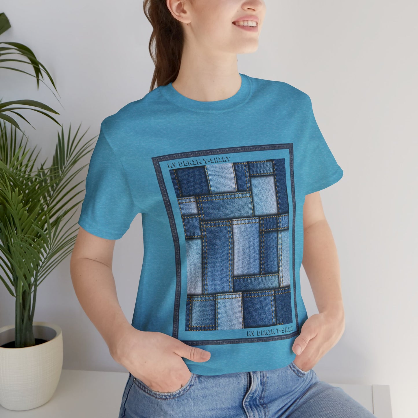 Unisex-T-Shirt aus Baumwolle mit Jeans-Print