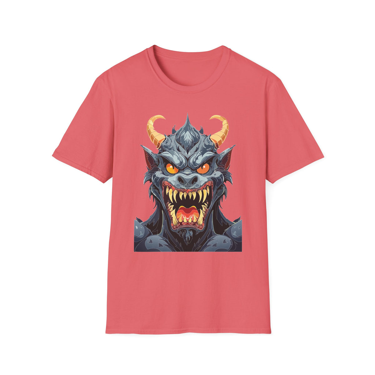 Demonic Monster Face T-Shirt — Fierce Horned Demon Cartoon Graphic Tee Unisex 100 Cotton Gildan T-Shirt