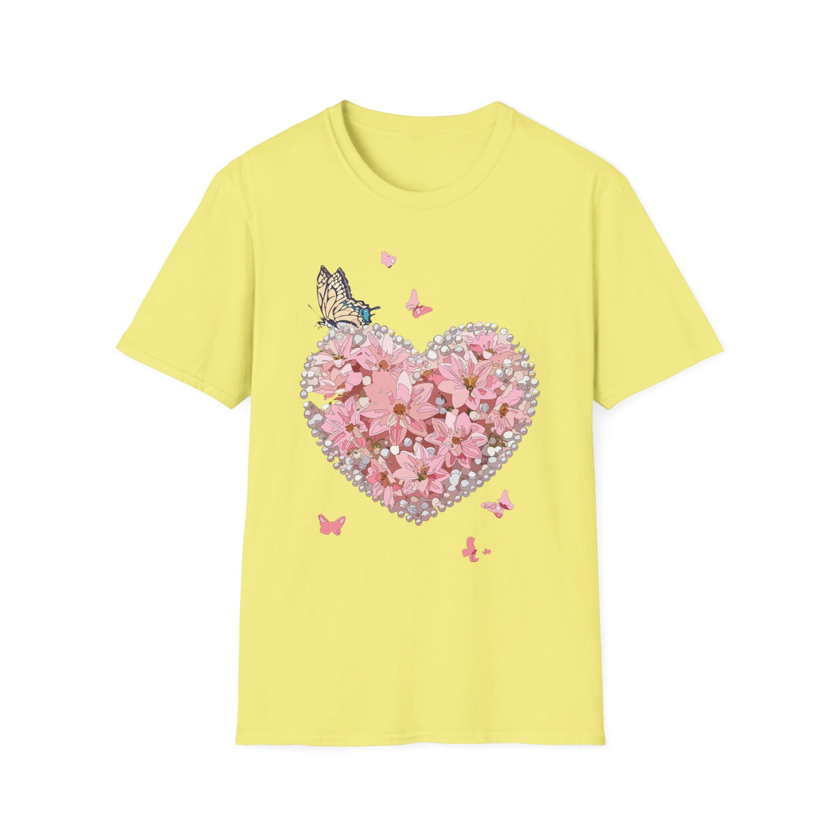 Pink Floral Heart with Butterfly T-Shirt | Spring Floral Graphic Tee Unisex 100 Cotton Gildan T-Shirt