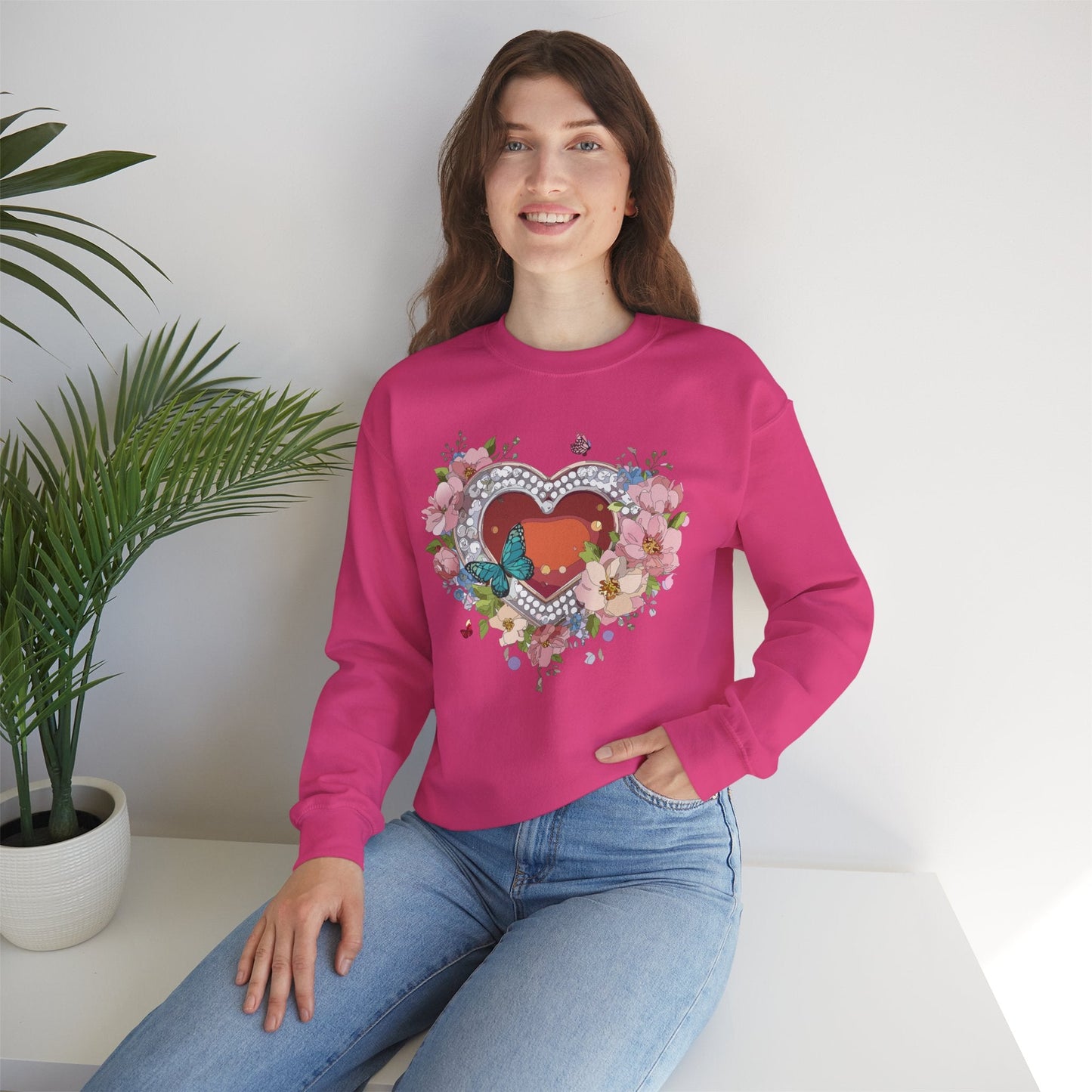 Floral Heart Sweatshirt Unisex Valentines Day Edition Gildan 18000 Heavy Blend Crewneck