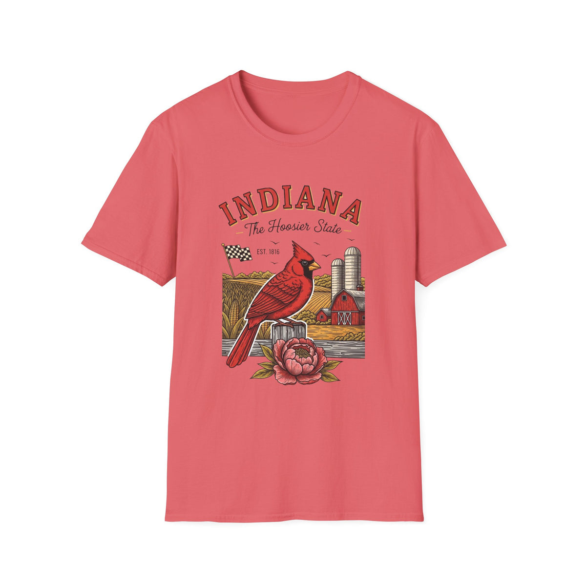 Indiana Cardinal Bird Farm Tee — Indiana The Hoosier State Graphic Travel Tourist Graphic Design Unisex 100 Cotton Gildan T-Shirt