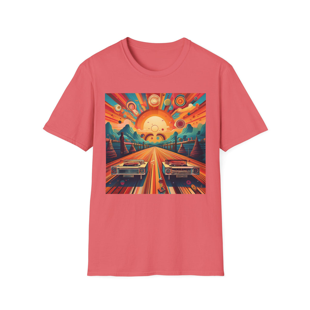 Retro Sunburst Road Trip Graphic Posters, Post Stamps Design Unisex 100 Cotton Gildan T-Shirt
