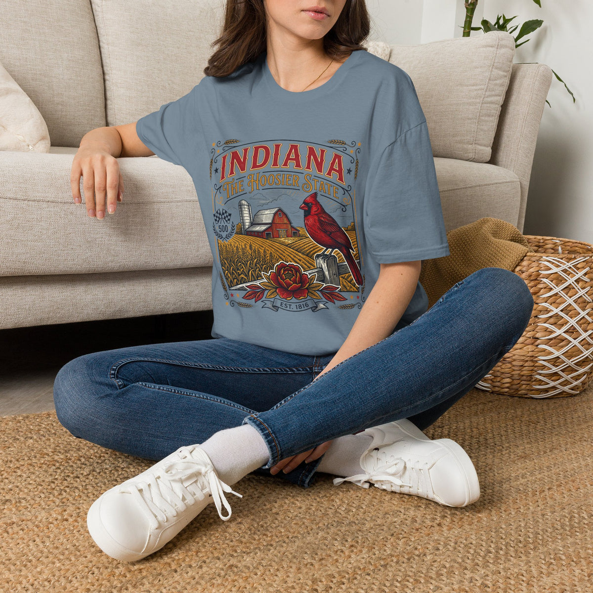Indiana The Hoosier State T-Shirt — Farm Vintage Travel Tourist Graphic Design Unisex 100 Cotton Gildan T-Shirt
