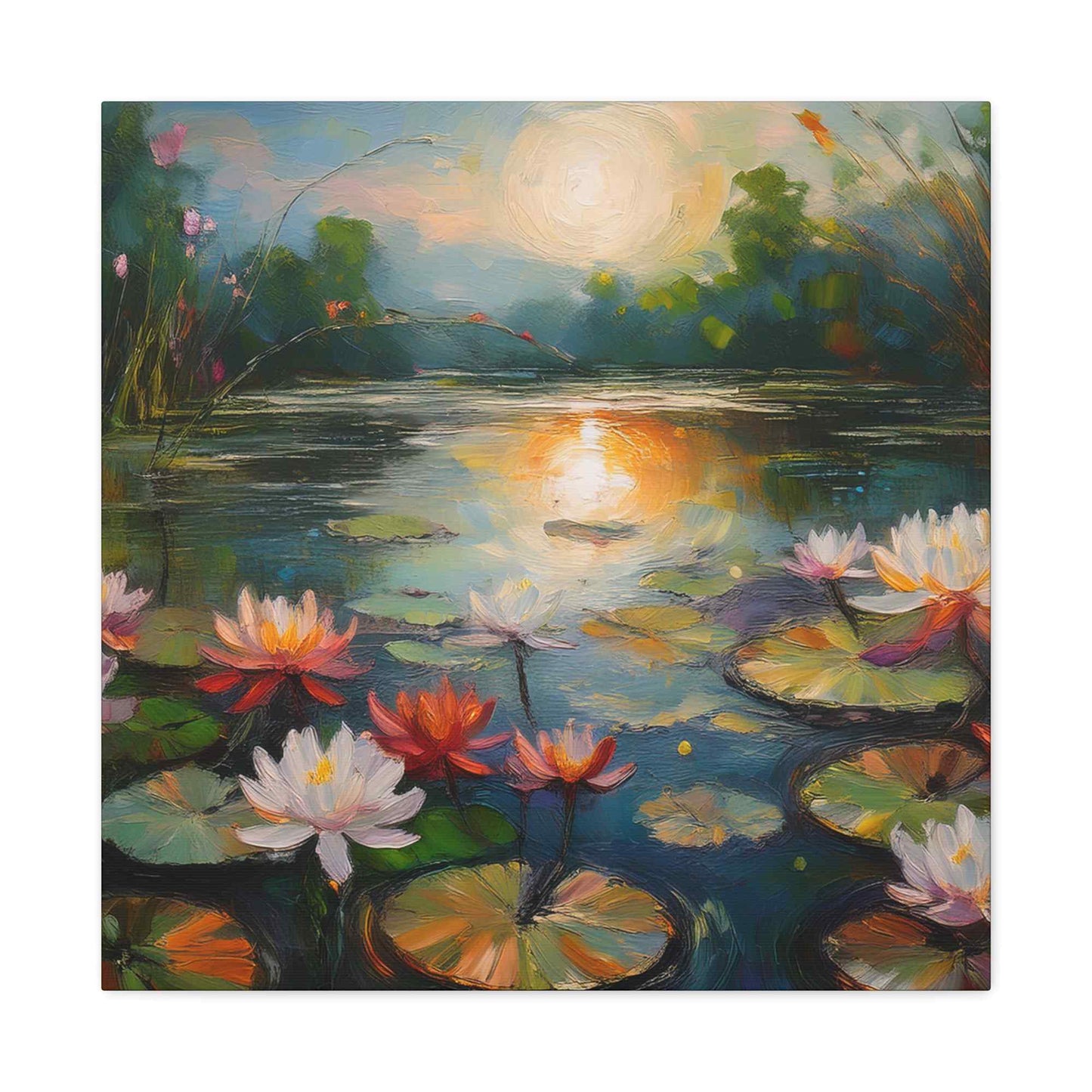 Water Lilies Print Canvas, Oil Paint Print 20x20, 24x24, 30x30, 32x32, 36x36 Floral Art Print Pine-Wood Inner Frame MC-66
