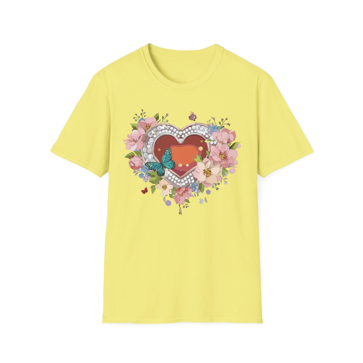 Heart with Floral Wreath and Butterfly T-Shirt | Romantic Floral Tee