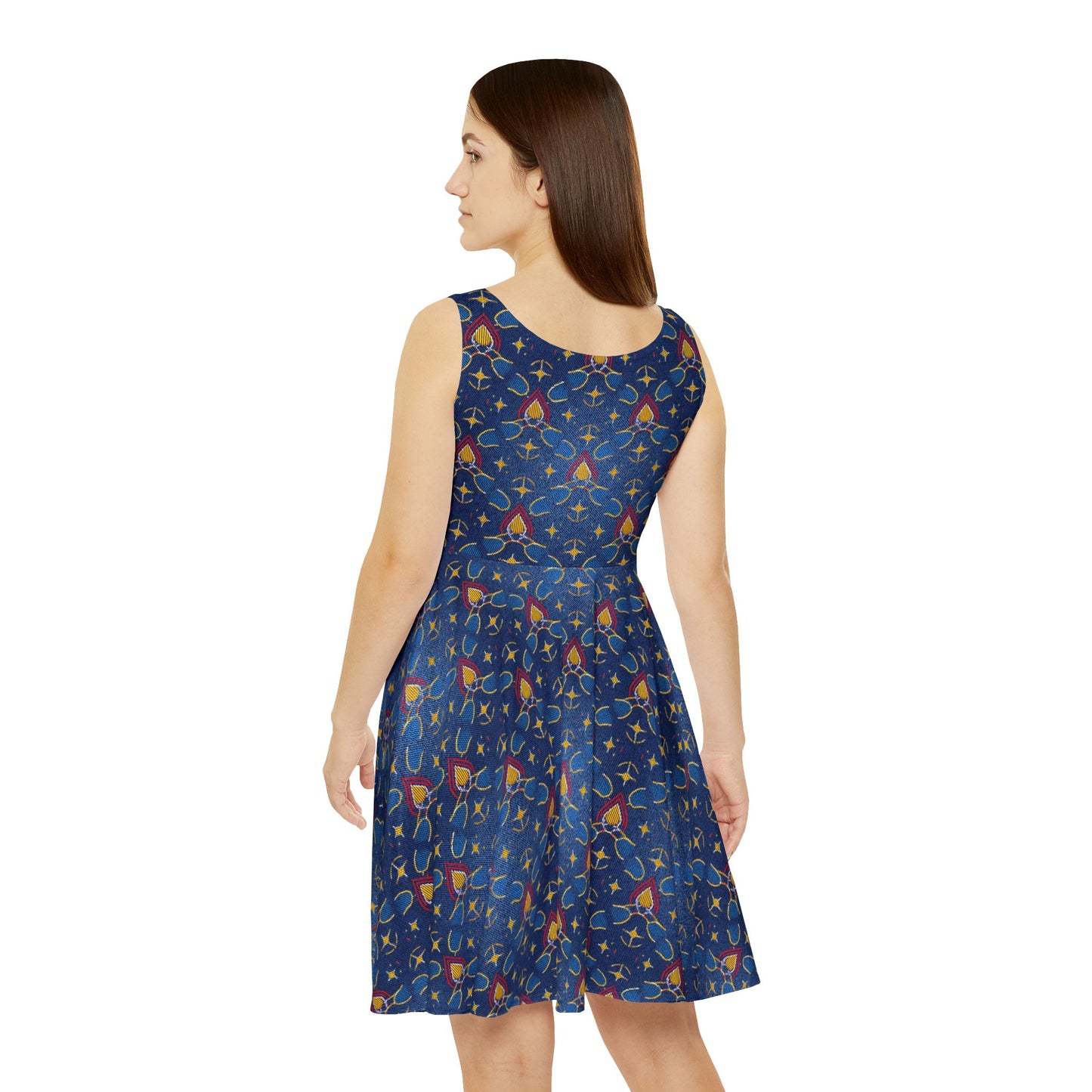 Women Diwali Denim Print Skater Dress, Denim Print Poly-Span Dress - 50