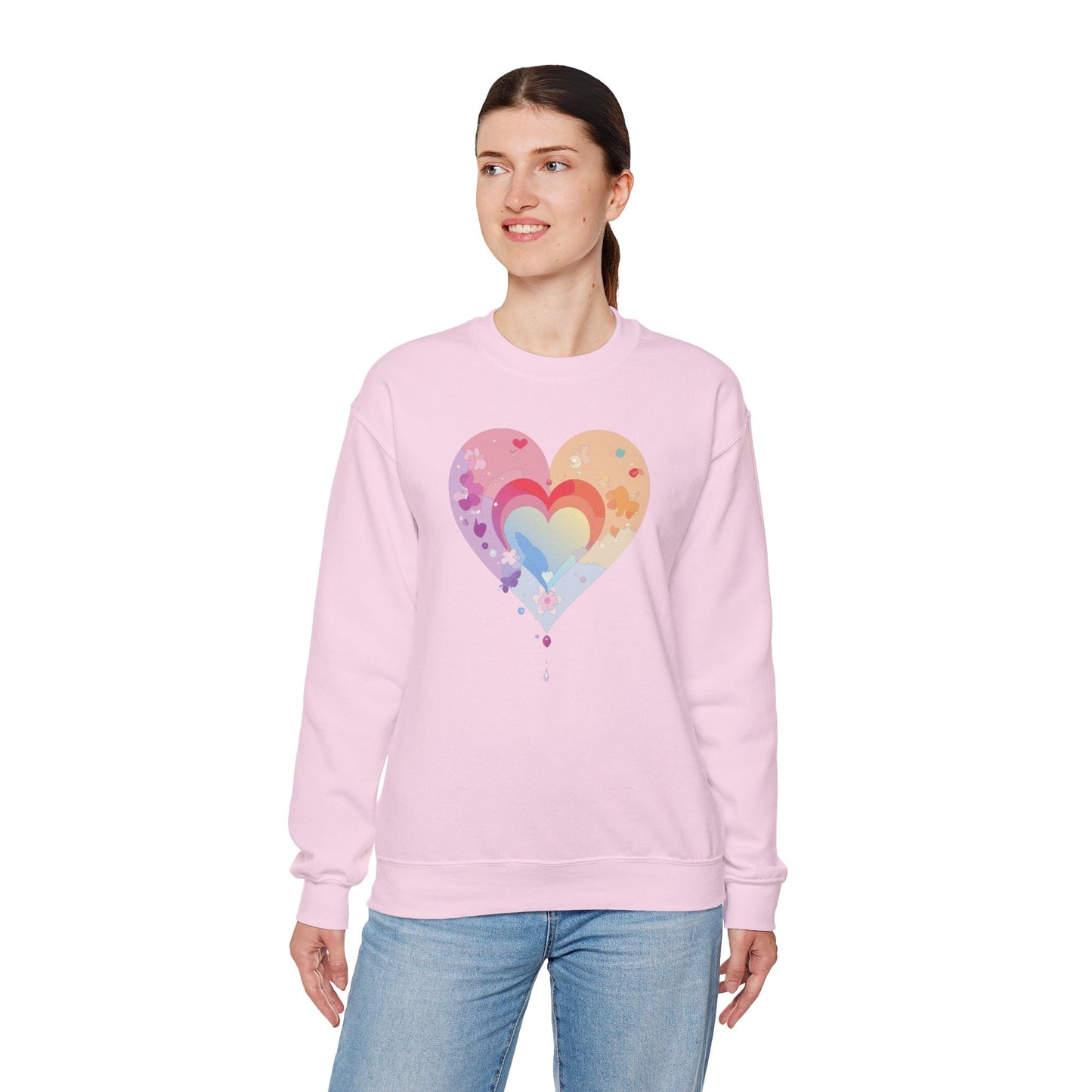 Rainbow Heart Floral Sweatshirt Unisex Valentines Day Gift Cozy Crewneck Sweatshirt