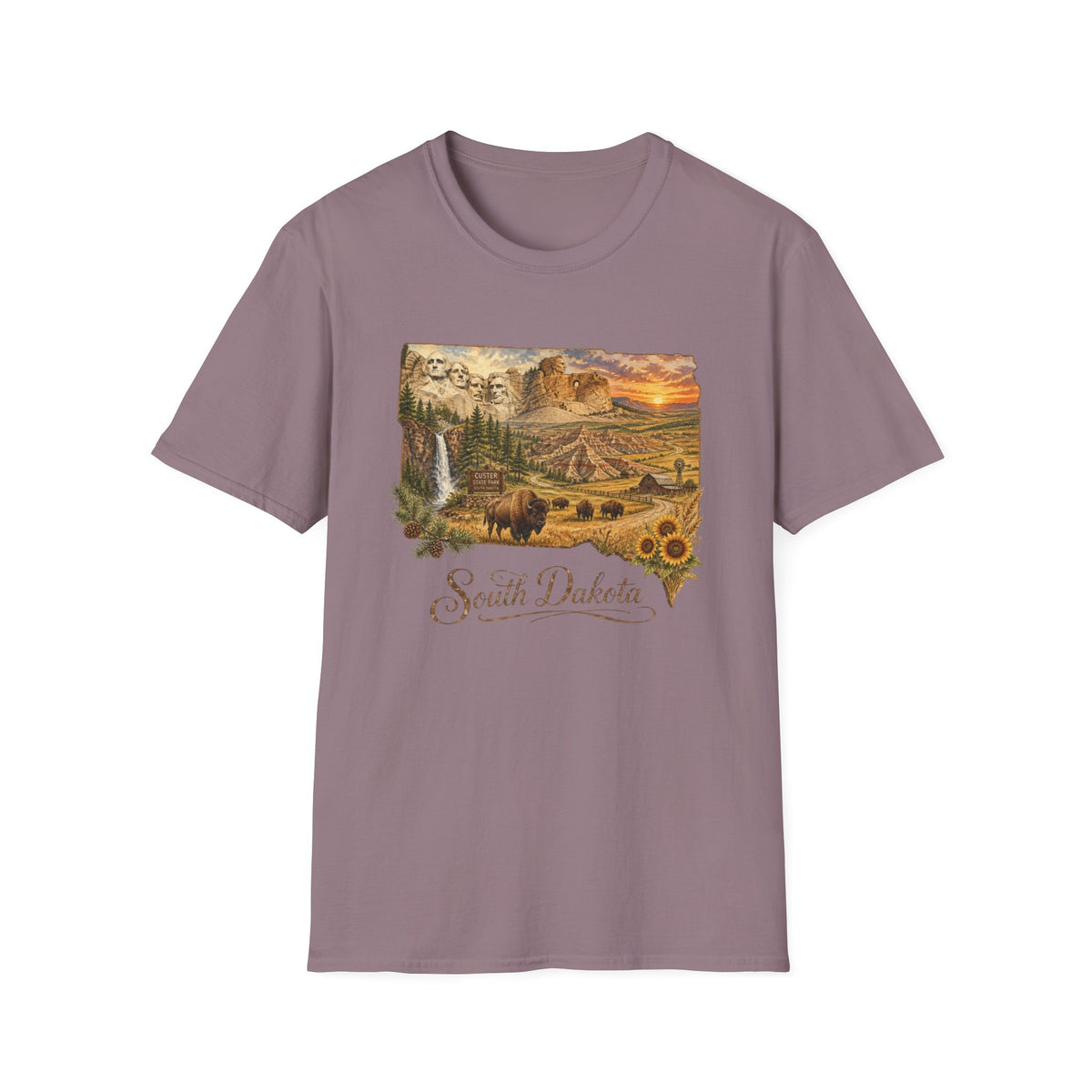 South Dakota Scenic T-Shirt — State Landscape Sunset Travel Tourist Graphic Design Unisex 100 Cotton Gildan T-Shirt