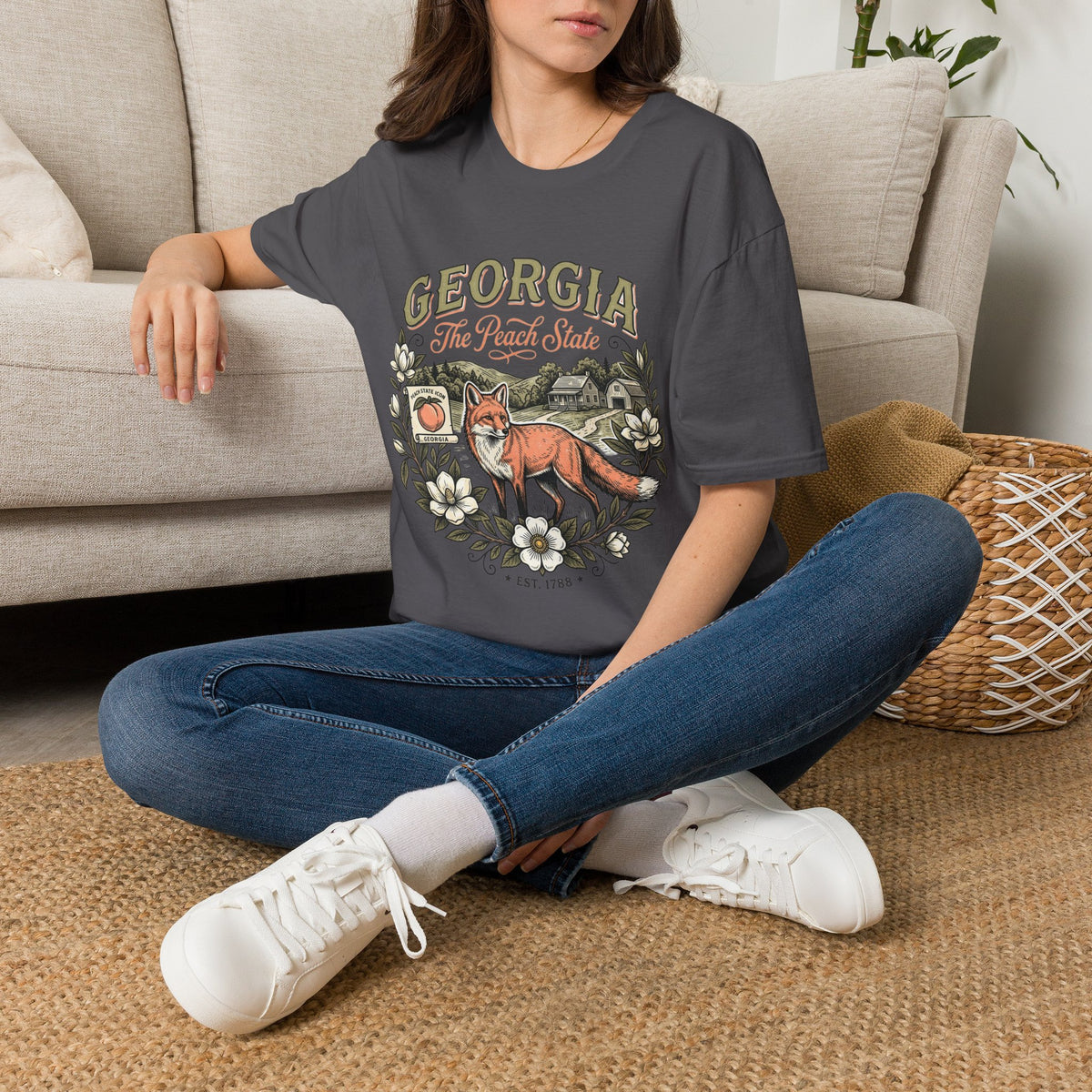 Georgia Fox T-Shirt — The Peach State Vintage Nature Travel Tourist Graphic Design Unisex 100 Cotton Gildan T-Shirt