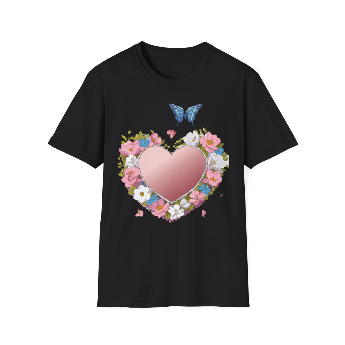 Floral Heart with Blue Butterfly T-Shirt | Pink Heart Floral Graphic Tee Unisex 100 Cotton Gildan T-Shirt