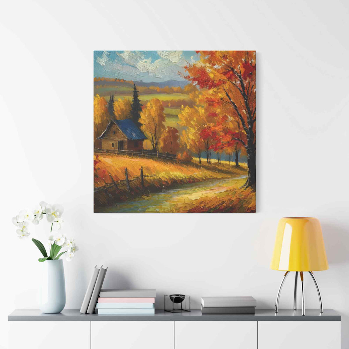 Countryside Fall Print Canvas, Oil Paint Print 20x20, 24x24, 30x30, 32x32, 36x36 Art Design Pine-Wood Inner Frame MC-107