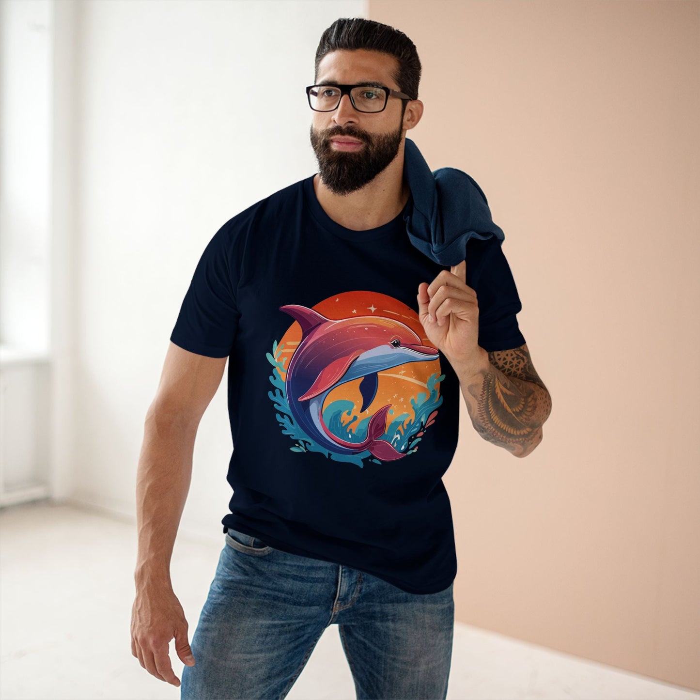 Dolphin Art Shirt for Men and Women Unisex Premium Cotton Tee Featuring Marine Life Illustration by Retro2Nova Collection